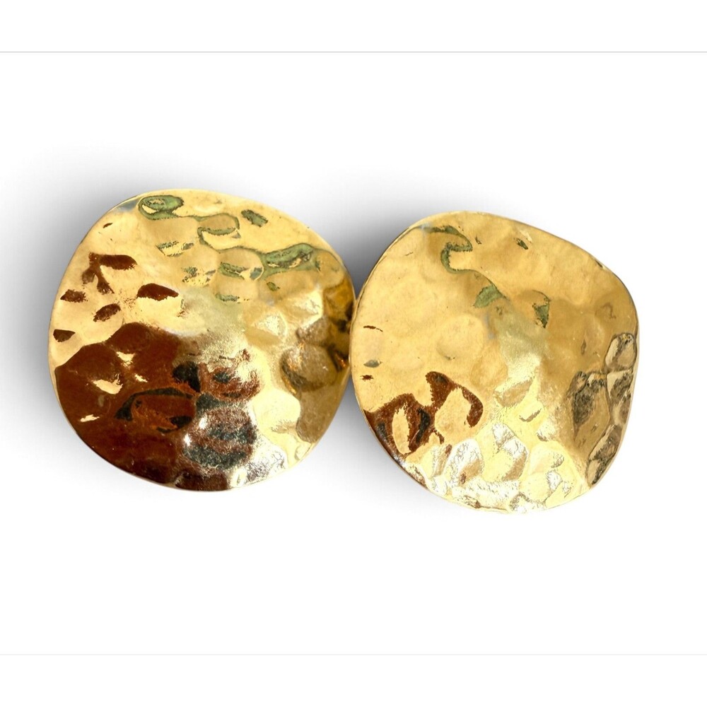 Vintage 1980s Monet Gold Tone Hammered Concave Disc Pierced Earrings DES